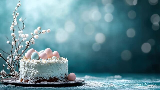 Festive easter cake adorned with pastel eggs and blossoms, capturing the joy of springtime celebration