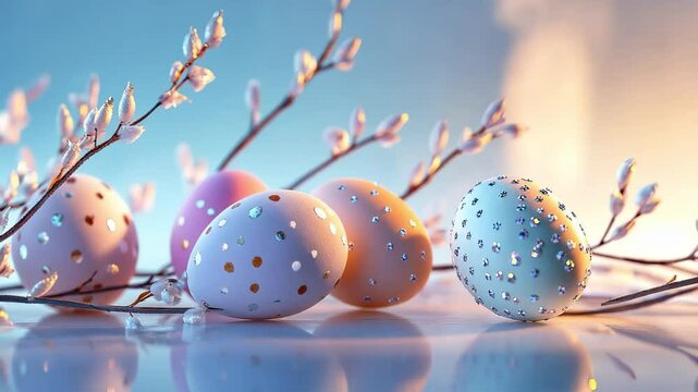 Vibrant pastel easter eggs with sparkling decorations amidst blossoming pussy willows, celebrating spring and renewal concept