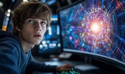 Teenager amazed by digital art on screen