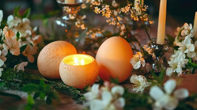 Warm easter candlelit setting with natural eggs and blossoms, celebrating spring's rebirth and renewal