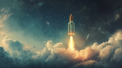Fototapeta premium Rocket launch into the night sky. A journey to the stars.