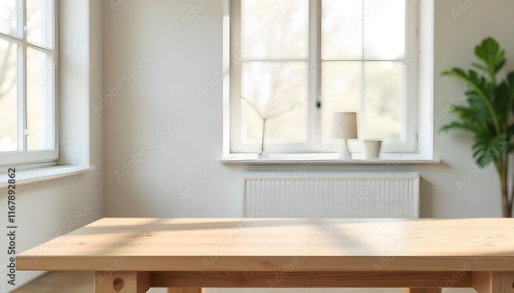 Fototapete a wooden table in an empty room with a window offers a versatile backdrop for product displays or mo