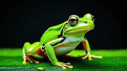 Obraz premium Vibrant green tree frog resting on a leaf with black background