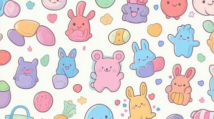 Adorable pastel-colored cartoon characters in a cheerful pattern.
