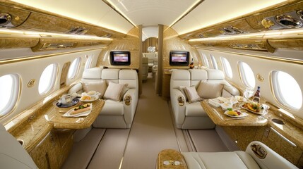 Luxury First-Class Cabin Experience: Elegant Seating, Gourmet Dining, Attentive Service for Discerning Travelers