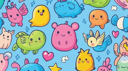 Cute cartoon creatures on a light blue background. Playful, colorful, and fun.