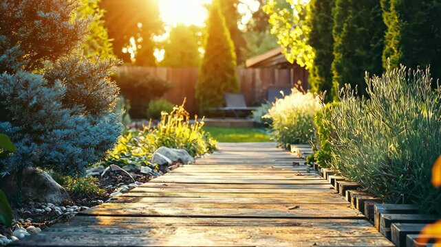 Serene Garden Path Bathed in Sunlight with Vibrant Plants and Flowers