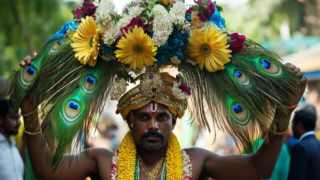 Devotee with Kavadi Adorned in Peacock Feathers  

