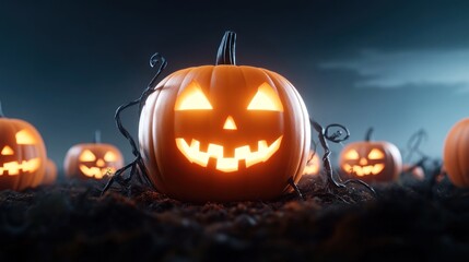 A glowing jack-o'-lantern surrounded by other pumpkins at night.