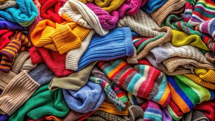 A messy pile of colorful sweaters , sweaters, clothing, fashion, knitwear, wool, warm, cozy, fall, winter, season, wardrobe