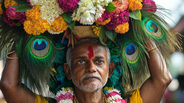 Devotee Carrying Vibrant Peacock Feather Kavadi  
