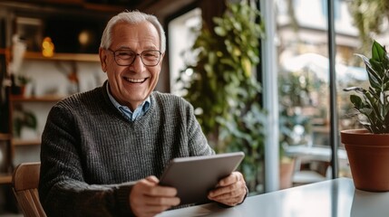 Smiling senior man using a tablet in a cafe.  Enjoying his day.