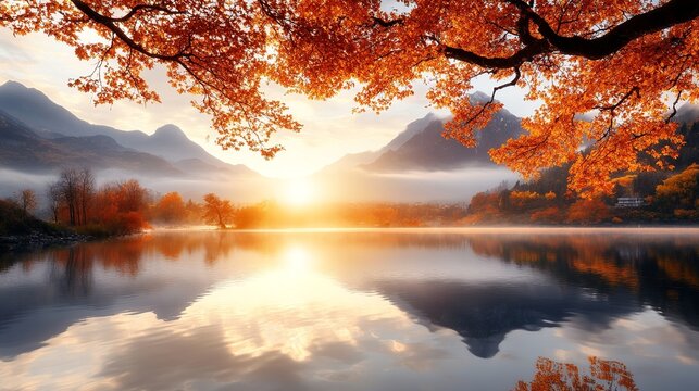Autumn Sunrise Serenity: Misty lake reflecting a vibrant sunrise, framed by fiery autumn foliage and majestic mountains. A breathtaking landscape photograph. 