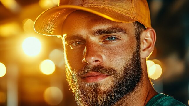 Golden Hour Portrait:  A handsome man with a beard, wearing a baseball cap, gazes intently into the camera.  Warm, golden light illuminates his face, creating a captivating and stylish image. 