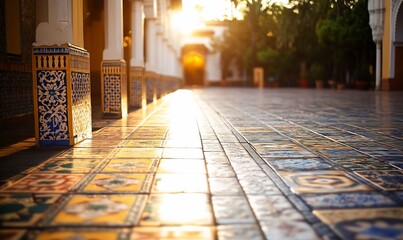 Sunlit mosaic courtyard, building entrance, morning light, tranquil scene, travel