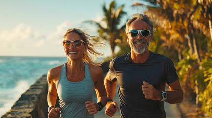 Happy elderly couple enjoying a beachfront run in tropical sunshine with vibrant palm trees and ocean breeze during a sunny day