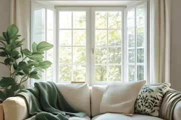 Sunny bay window, comfy couch, green blanket, plant, home interior design