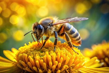 Fototapeta premium A bee, absorbed in spring's yellow bloom, blurs the background in a macro study of pollination.