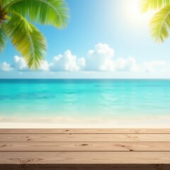 Wooden table top with blurred sea water and summer sky background, natural light pouring in, seaside vibes, summer scene