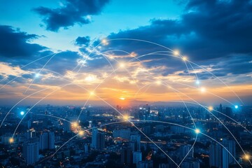 Night city skyline, illuminated, network connections.