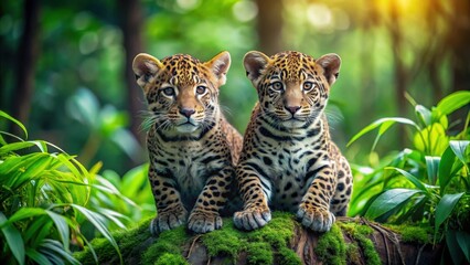 Obraz premium Adorable jaguar cubs playing in a lush green forest , wildlife, feline, playful, cute, baby animals, jungle, endangered species