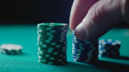 Strategic Stacking: Close-up of Player's Hand Concentrating on Poker Chip Placement in Intense Game
