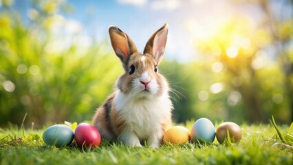 Cute rabbit bunny sitting on grass with colorful Easter eggs in a sunny outdoor setting, Easter, holiday, spring, celebration, fluffy