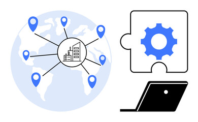 Map with worldwide location markers connecting a central building, alongside a puzzle piece with gear and laptop. Ideal for international, connectivity, business solutions, digital strategies, global