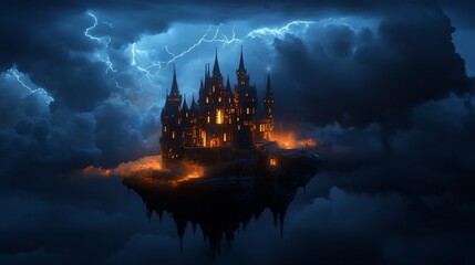 Obraz premium Dark castle on a floating island during a stormy night.