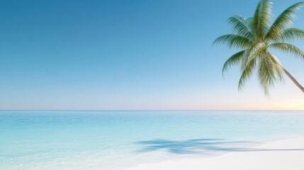 Fototapeta premium Serene beach scene with a palm tree and calm ocean waters.