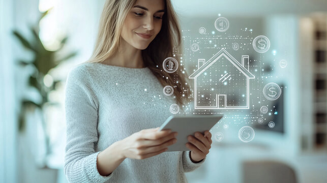 Smiling young caucasian woman using tablet in smart home with digital house overlay representing modern technology and connectivity