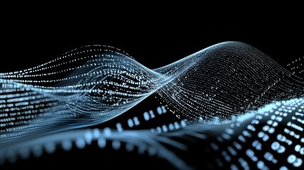 Abstract representation of data waves with binary numbers on a dark background. © isrofiyah