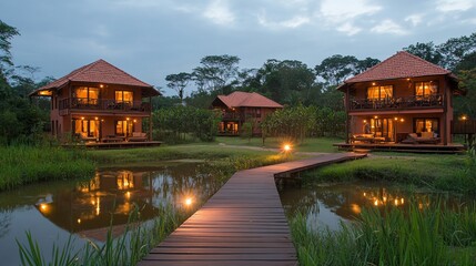 Obraz premium Tropical resort villas, evening, pond, walkway