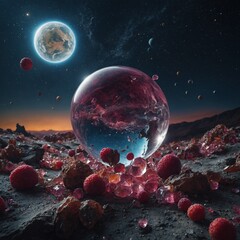 A surreal scene of crystal fruits orbiting a planet.