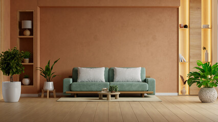Home interior with green sofa on empty dark brown wall background,Minimal room- 3D rendering © Vanitjan