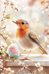 A colorful bird beside a decorated egg and blooming flowers captures the joy of Easter and renewal