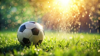 Fototapeta premium Wet soccer ball on lush green grass with sunlight and water droplets, soccer, ball, wet, grass, lush, green, sunlight