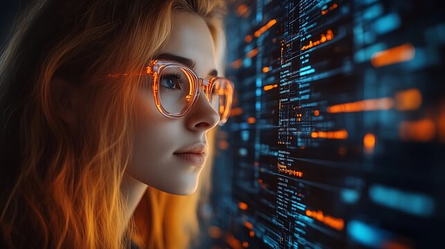 Woman programmer looking at code on a screen.