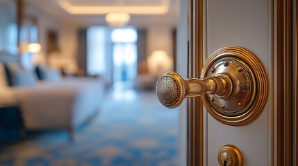 Close-up of an elegant gold door handle, partially open revealing a luxurious bedroom interior.