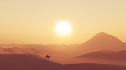 Fototapeta premium Twilight Tranquility: Majestic Sand Dunes with Camel Silhouette in Desert Sunset