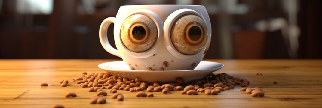 Banner with funny cartoon coffee cup with eyes. Creative coffee shop, cafe design with unique coffee cup for advertising and branding
