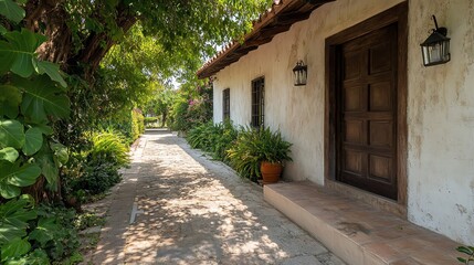Charming pathway leading to a serene house, surrounded by lush greenery and warm sunlight.