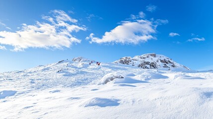 Conquering the Snowy Summit: Adventurous Climbers Ascending a Majestic Mountain Peak on a Sunny Day