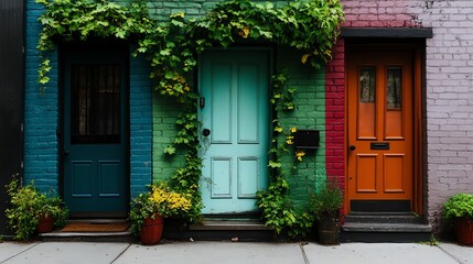 Charming doors in vibrant colors adorned with greenery, showcasing a unique blend of urban architecture and nature.