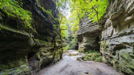Obraz premium Exploring Nature's Majesty: Hiking Trail Along Canyon with Towering Rock Walls and Flowing Stream