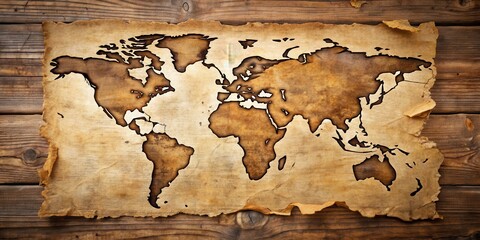 Ancient map with torn edges on wooden background, revealing a mysterious route to exotic destinations, geography, scenery