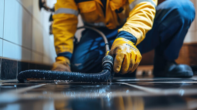 Plumber in yellow jacket fixing leak with snake tool on tiled floor in bathroom, wearing protective gloves for safety and efficiency