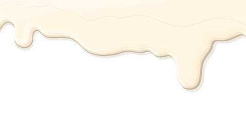 Melted vanilla ice cream pouring on white background graphic illustration have blank space. Milk flowing on white background. Sweetened condensed milk dropping.