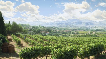 Harvest Season Bliss: Workers Picking Grapes in Overflowing Baskets at a Tranquil Vineyard