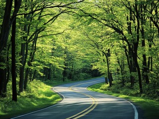 A car driving on a winding forest road surrounded by green trees on a sunny day.  - ai